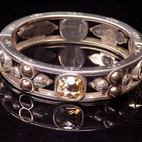 Brighton Hinged Bangle Bracelet Selene Yellow Clear Crystal Faux Pearld Magnetic - Picture 1 of 8